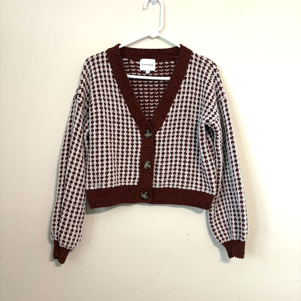 Pink Rose Knit Cardigan Button Closure Med Burgundy White Cropped